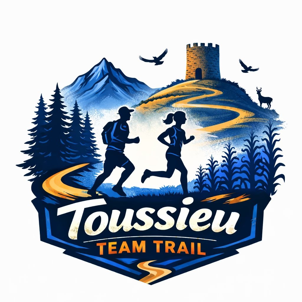 Logo du Toussieu Team Trail. Le logo représente deux personnes faisant du trail. Il y a écrit "Toussieu team trail" dessus